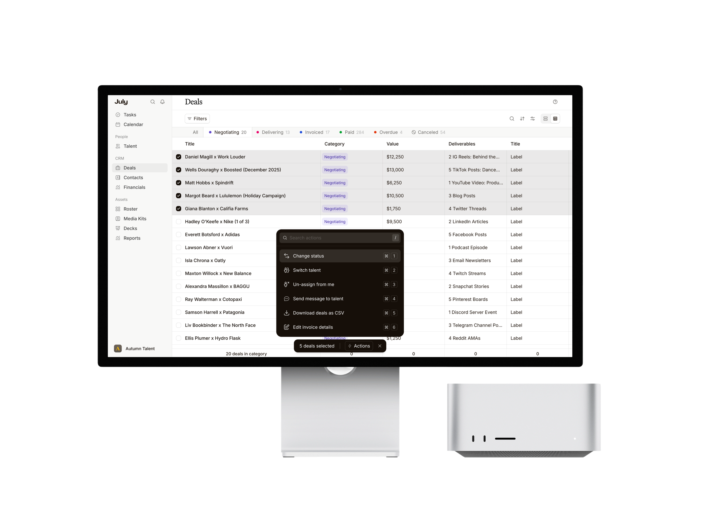 July Deals on an iMac, with five deals selected and a bulk actions menu open