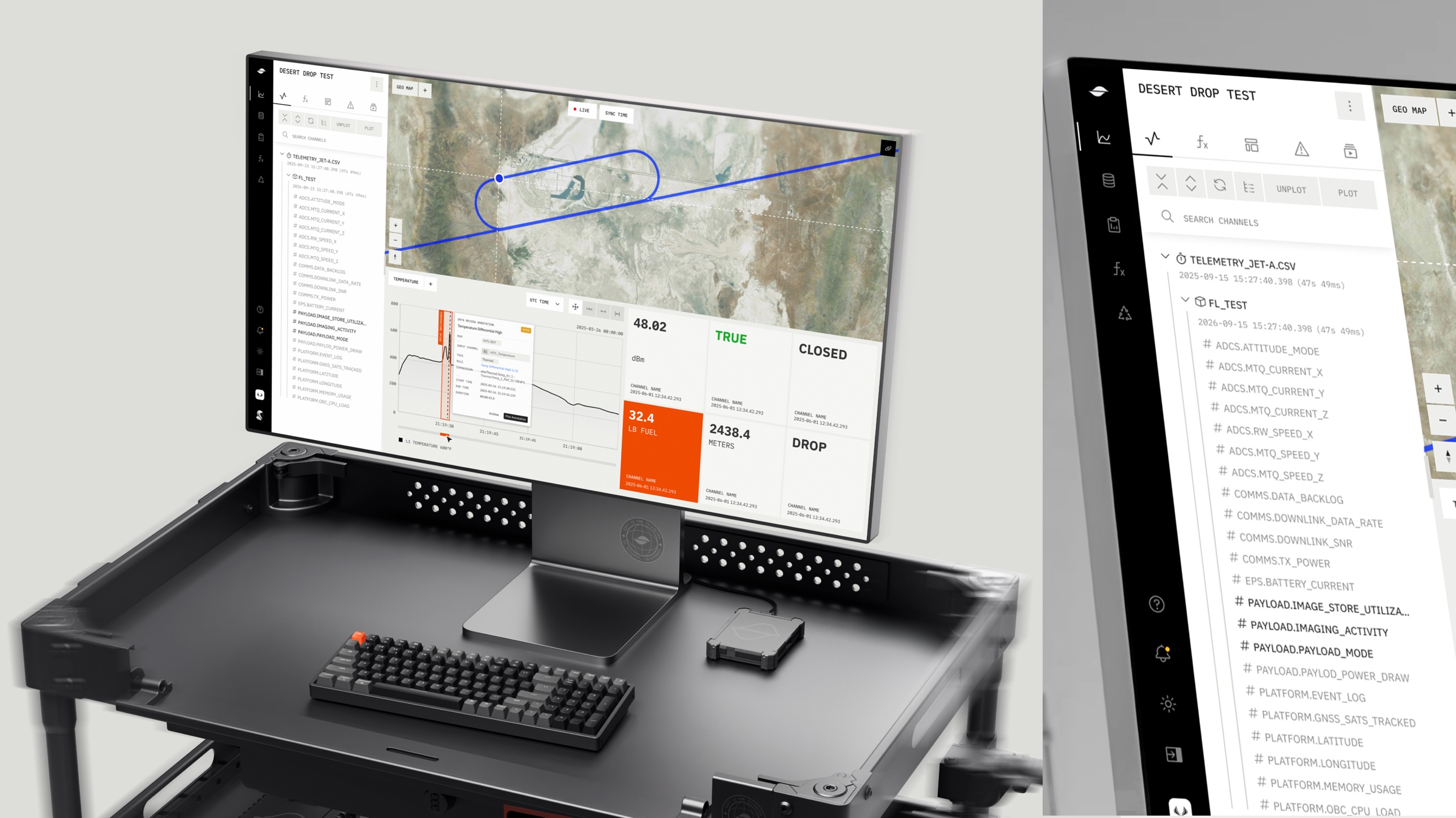 Nebula in light mode on a workstation monitor and a side panel of telemetry channels