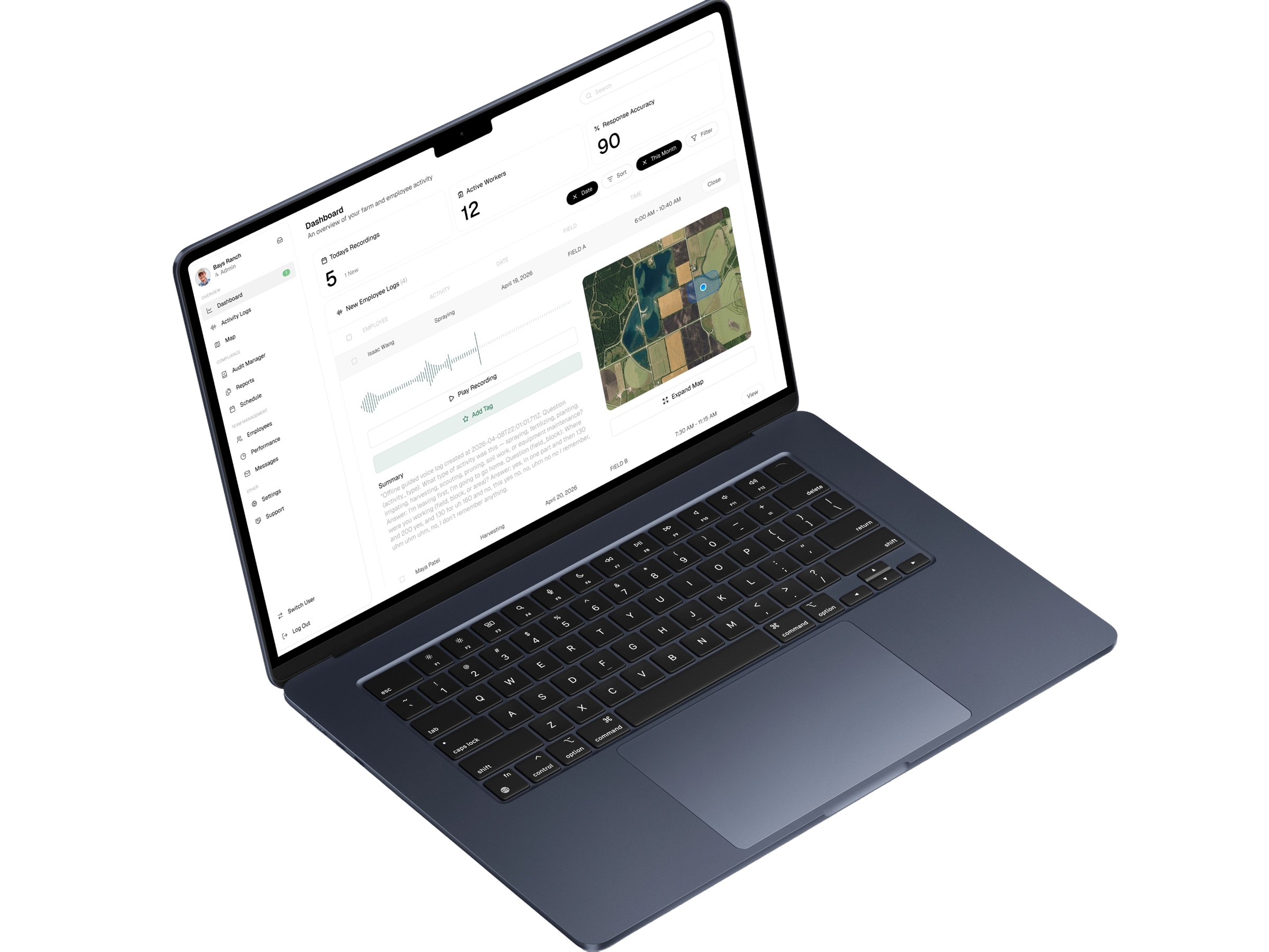 Toph dashboard on a laptop, showing activity logs, a recording, and a field map